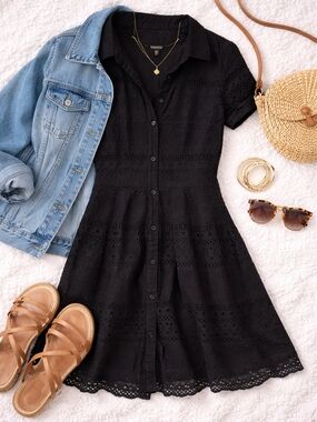 Talbots Black Eyelet Shirt Dress Size 10